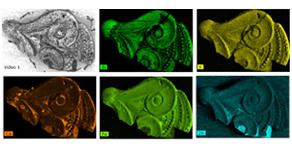 Elemental maps obtained by MA-XRF from the surface of a Mycenean glass pendant.